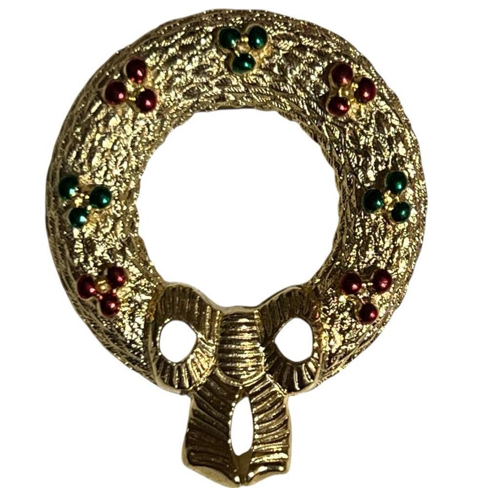 Festive Wreath Bow Brooch Christmas Jewelry Accessory Goldtone Red Green vintage